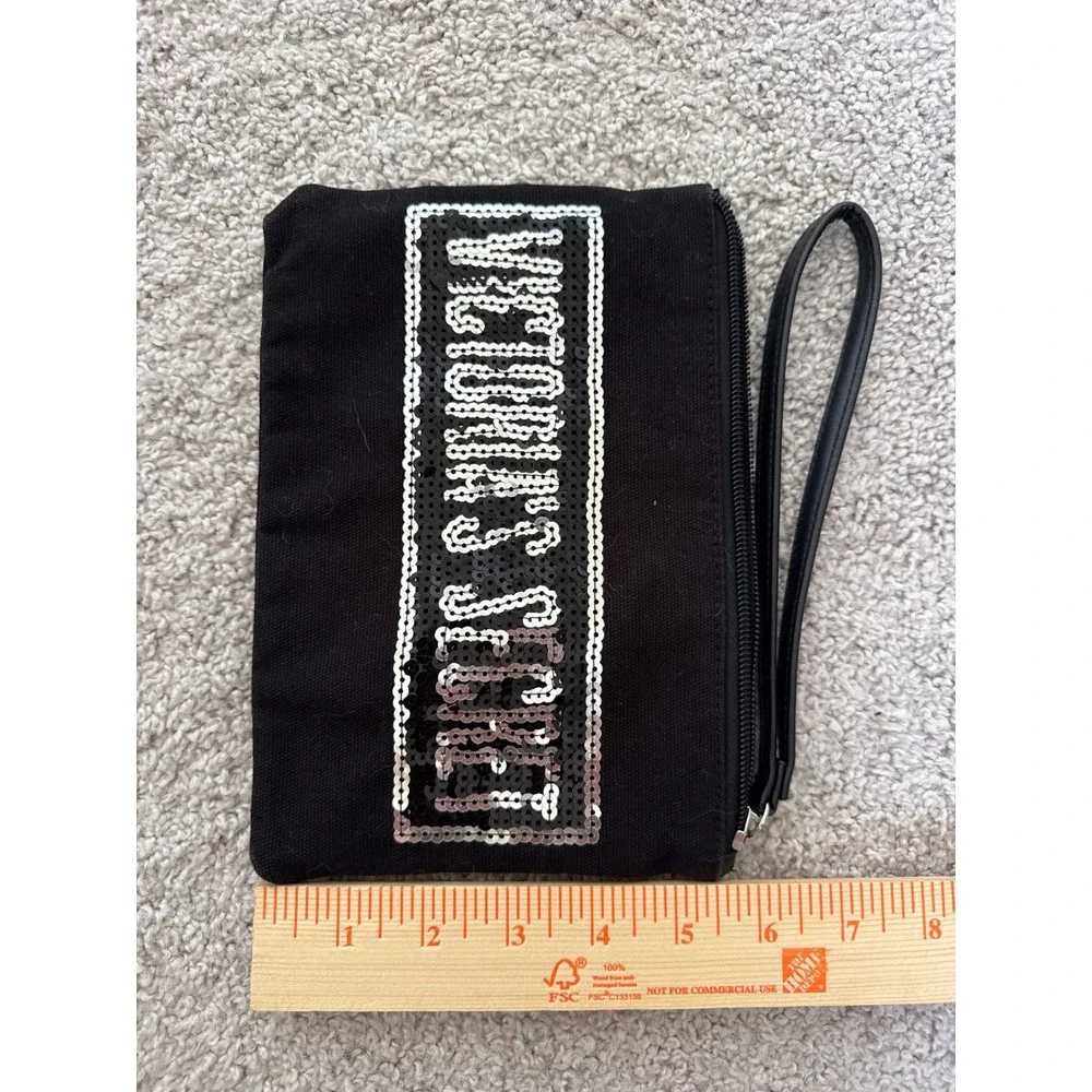 Victorias Secret Black Canvas Sequin Logo Wristlet Pouch Zipper Clutch Bag